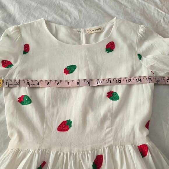 Womens White Linen Midi Strawberry Embroidered S Cottagecore Sundress PuffSleeve - Picture 5 of 11
